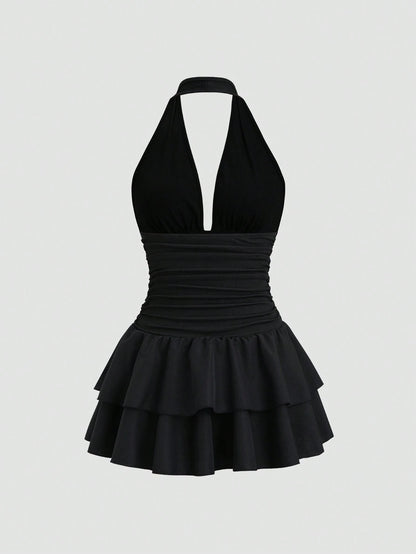 Sweetra Women's Black Summer 70s Club Party Knit & Woven Patchwork V-Neck Ruffle Backless Mini Dress With Ruched Waist,Elegant Casual Vacation Dress