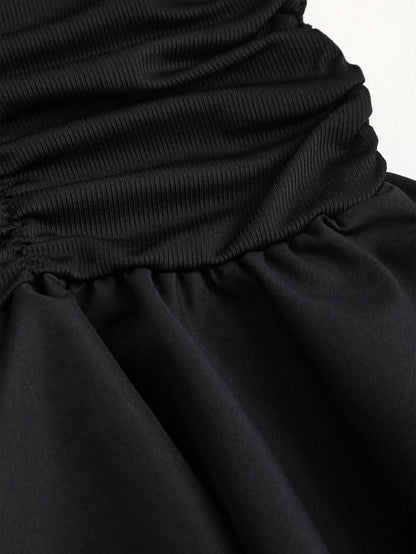 Sweetra Women's Black Summer 70s Club Party Knit & Woven Patchwork V-Neck Ruffle Backless Mini Dress With Ruched Waist,Elegant Casual Vacation Dress