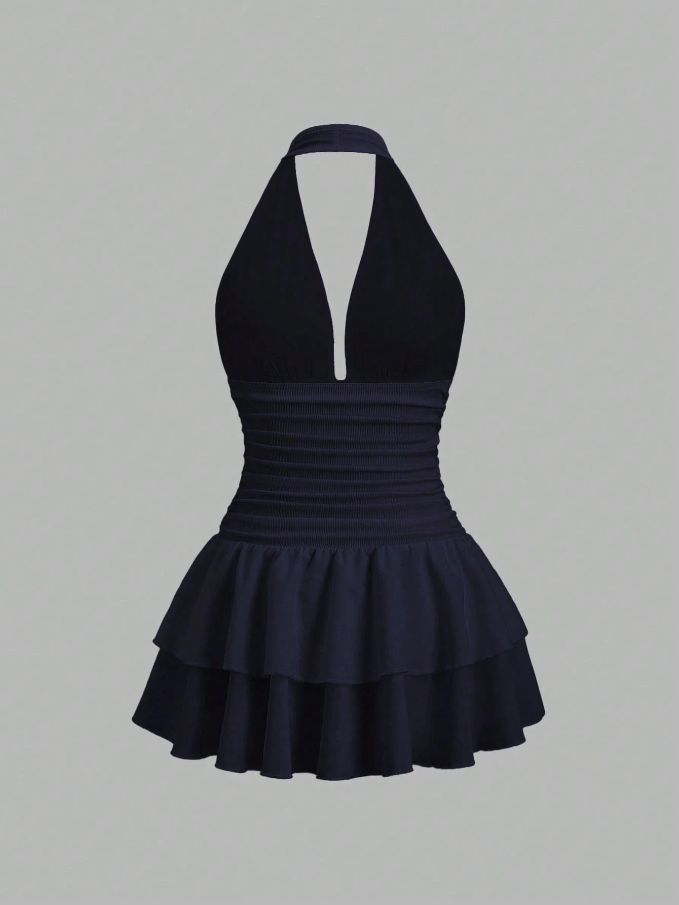 Sweetra Women's Black Summer 70s Club Party Knit & Woven Patchwork V-Neck Ruffle Backless Mini Dress With Ruched Waist,Elegant Casual Vacation Dress