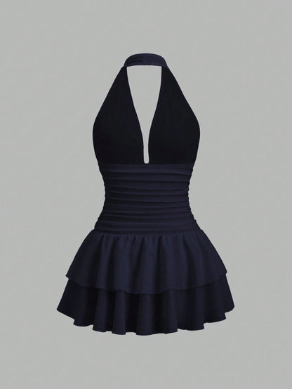 Sweetra Women's Black Summer 70s Club Party Knit & Woven Patchwork V-Neck Ruffle Backless Mini Dress With Ruched Waist,Elegant Casual Vacation Dress