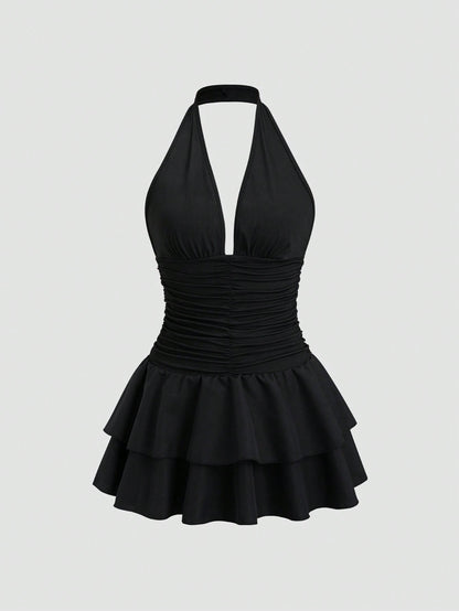 Sweetra Women's Black Summer 70s Club Party Knit & Woven Patchwork V-Neck Ruffle Backless Mini Dress With Ruched Waist,Elegant Casual Vacation Dress