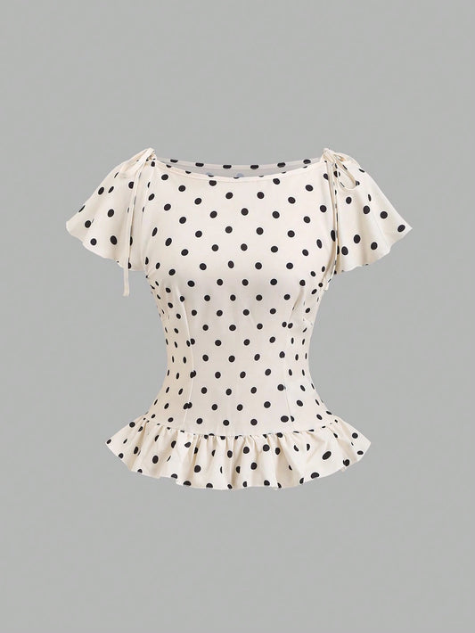 Sweetra Women's Polka Dot Pleated Casual Versatile Daily Wear Blouse
