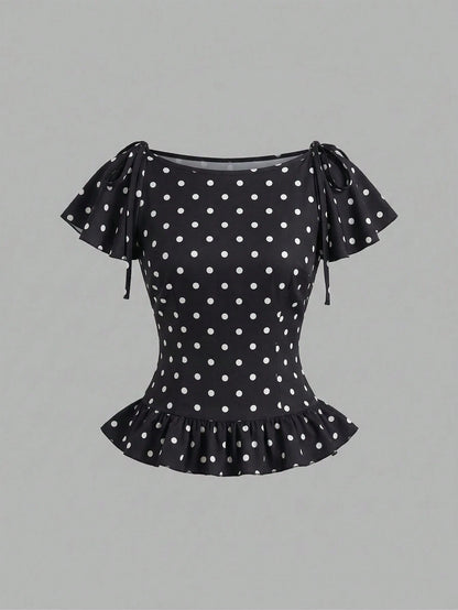 Sweetra Women's Polka Dot Pleated Casual Versatile Daily Wear Blouse