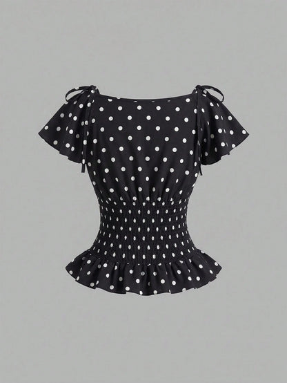Sweetra Women's Polka Dot Pleated Casual Versatile Daily Wear Blouse
