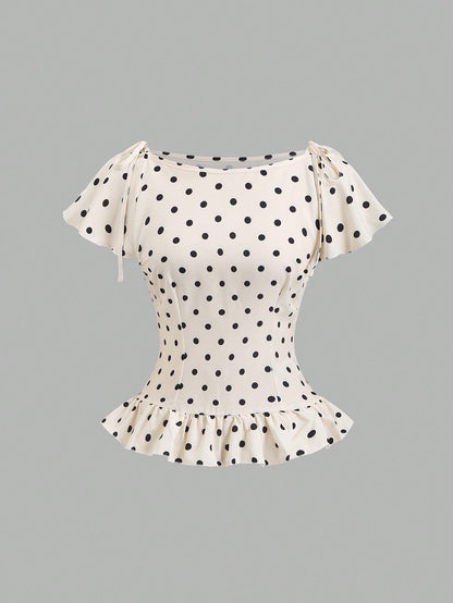 Sweetra Women's Polka Dot Pleated Casual Versatile Daily Wear Blouse
