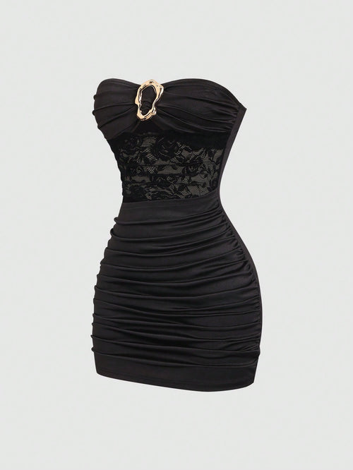 Sweetra Women's Sexy Fitted Strapless Mini Dress With Metal Buckle