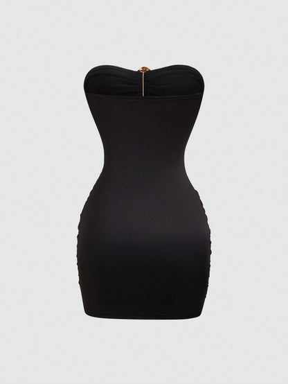 Sweetra Women's Sexy Fitted Strapless Mini Dress With Metal Buckle