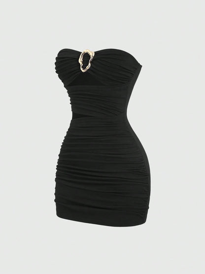 Sweetra Women's Sexy Fitted Strapless Mini Dress With Metal Buckle