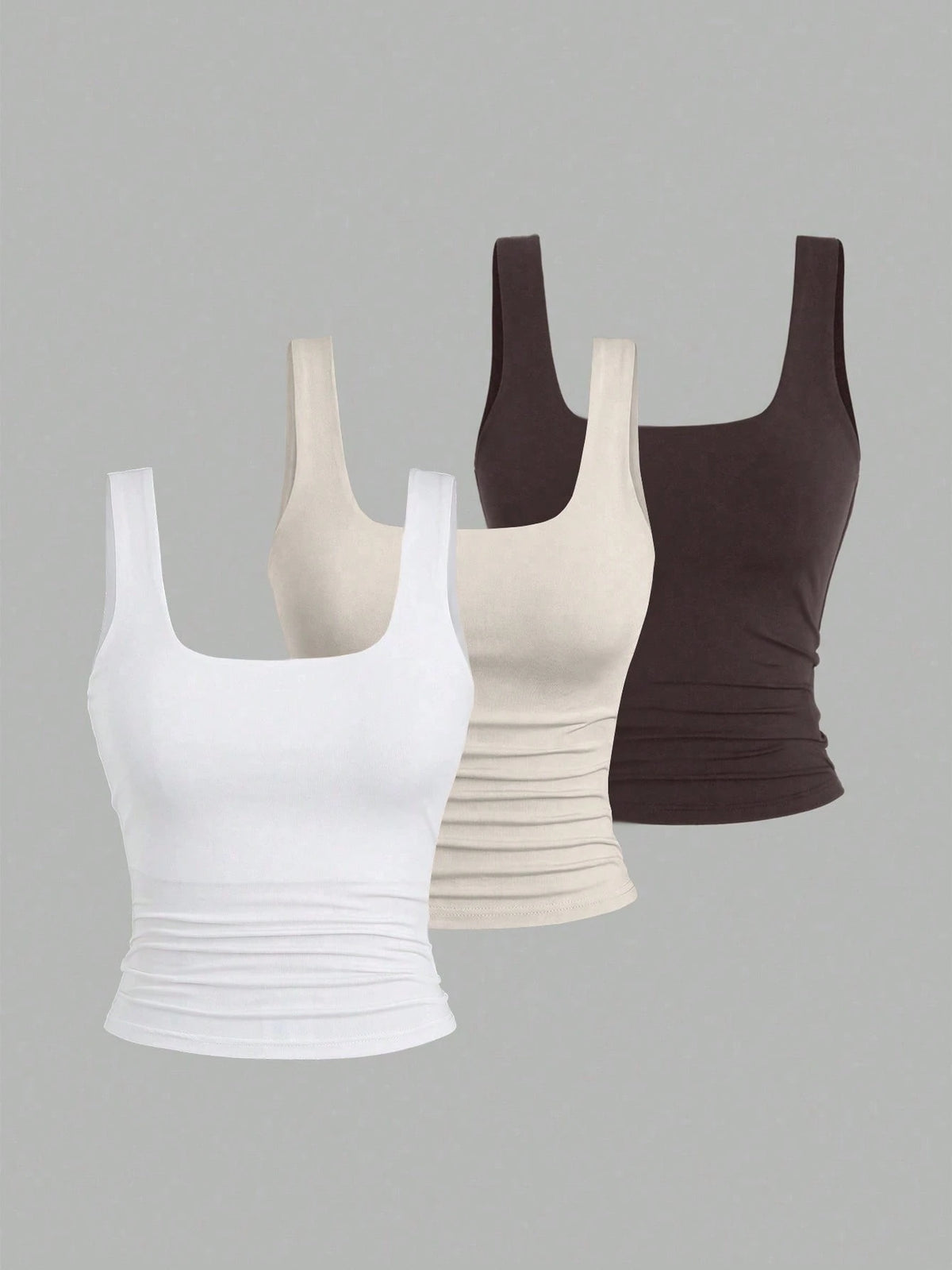 Sweetra Women's Solid Color Pleated Slim Fit Versatile Daily Wear Tops 3pcs