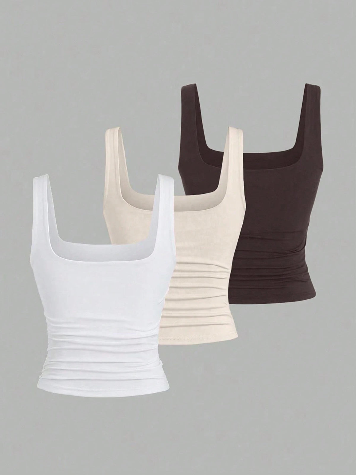 Sweetra Women's Solid Color Pleated Slim Fit Versatile Daily Wear Tops 3pcs