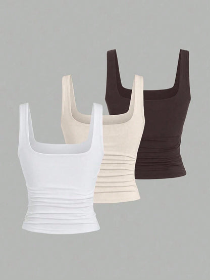Sweetra Women's Solid Color Pleated Slim Fit Versatile Daily Wear Tops 3pcs