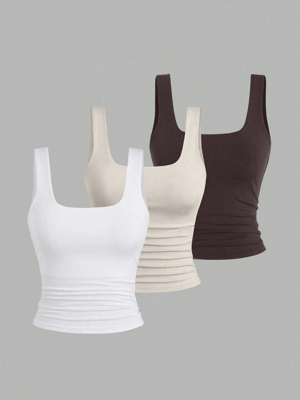 Sweetra Women's Solid Color Pleated Slim Fit Versatile Daily Wear Tops 3pcs