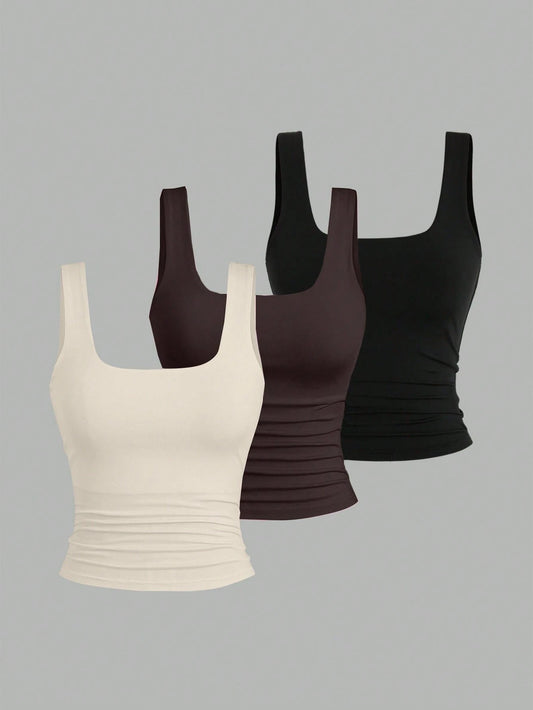 Sweetra Women's Solid Color Square Neck Pleated Fitted Casual Tank Top