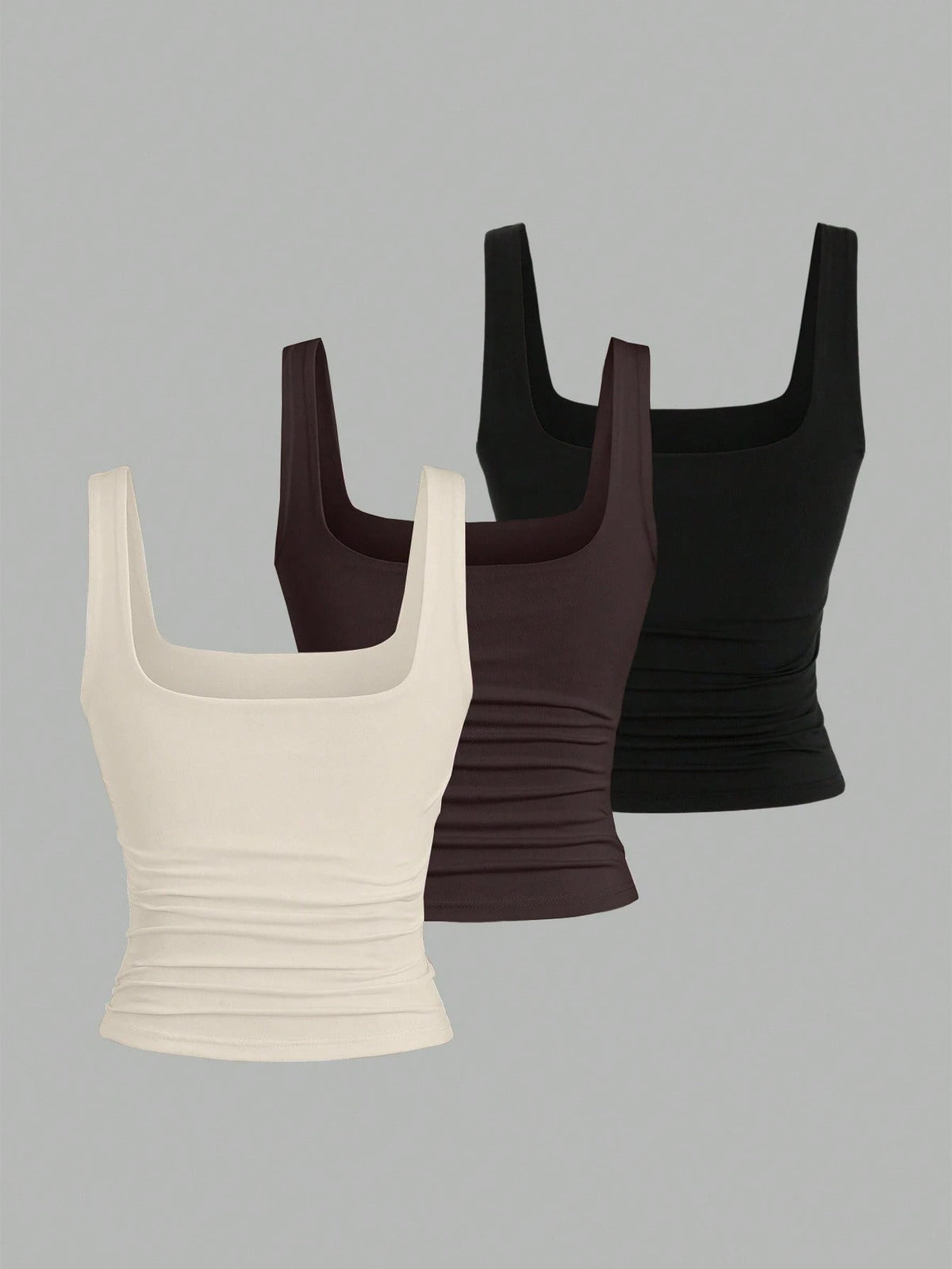 Sweetra Women's Solid Color Square Neck Pleated Fitted Casual Tank Top