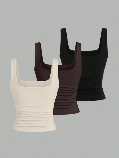 Sweetra Women's Solid Color Square Neck Pleated Fitted Casual Tank Top
