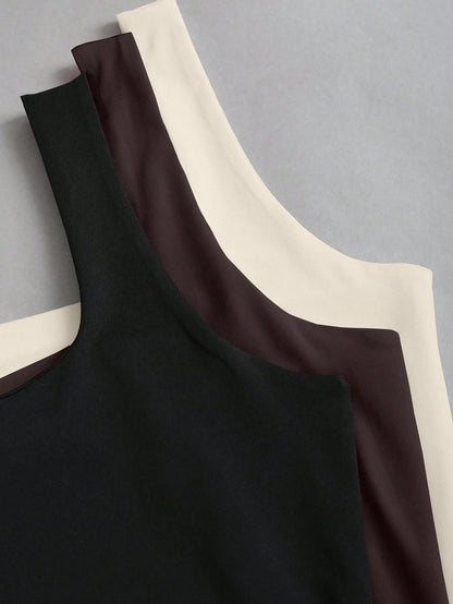 Sweetra Women's Solid Color Square Neck Pleated Fitted Casual Tank Top