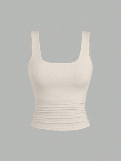 Sweetra Women's Solid Color Square Neck Pleated Fitted Casual Tank Top