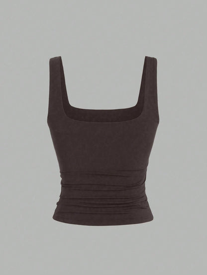 Sweetra Women's Solid Color Square Neck Pleated Fitted Casual Tank Top