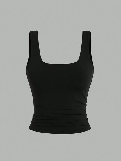 Sweetra Women's Solid Color Square Neck Pleated Fitted Casual Tank Top