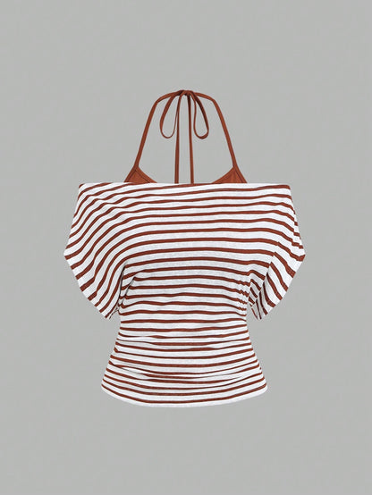 Sweetra Women's Summer Vacation Style Asymmetrical Shoulder Striped Tank Top With Sheer Back