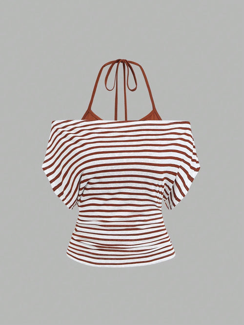 Sweetra Women's Summer Vacation Style Asymmetrical Shoulder Striped Tank Top With Sheer Back