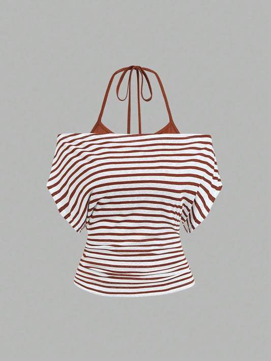 Sweetra Women's Summer Vacation Style Asymmetrical Shoulder Striped Tank Top With Sheer Back