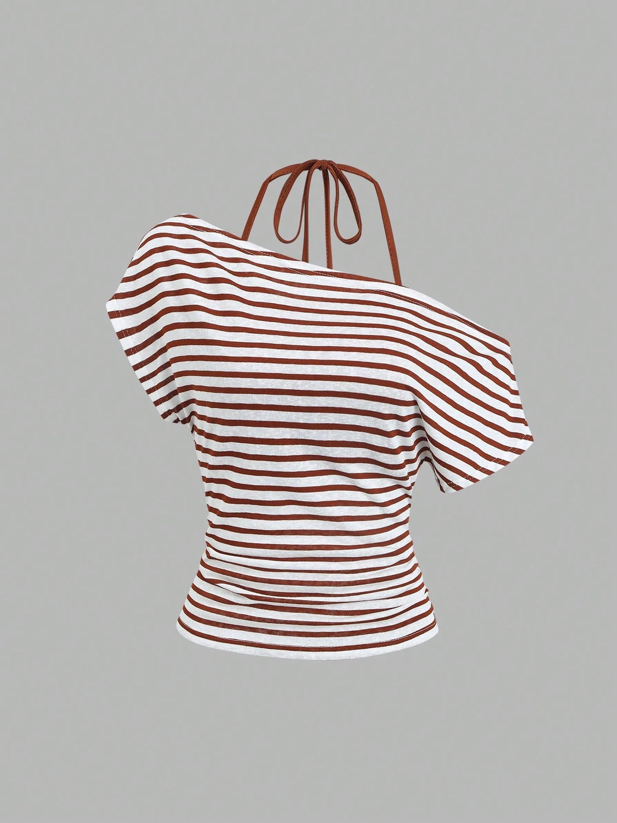 Sweetra Women's Summer Vacation Style Asymmetrical Shoulder Striped Tank Top With Sheer Back