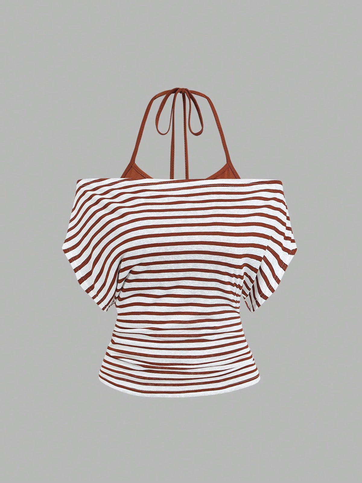 Sweetra Women's Summer Vacation Style Asymmetrical Shoulder Striped Tank Top With Sheer Back