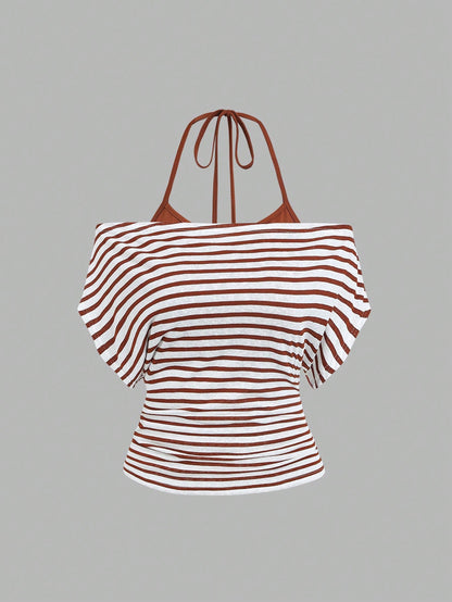 Sweetra Women's Summer Vacation Style Asymmetrical Shoulder Striped Tank Top With Sheer Back