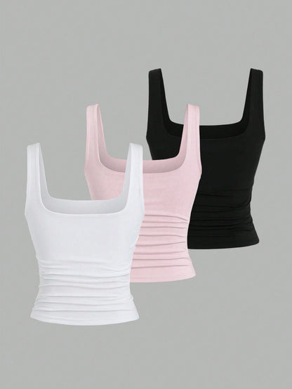 Sweetra Women Solid Color Camisole Sleeveless Top, Fashionable For Summer Pink White