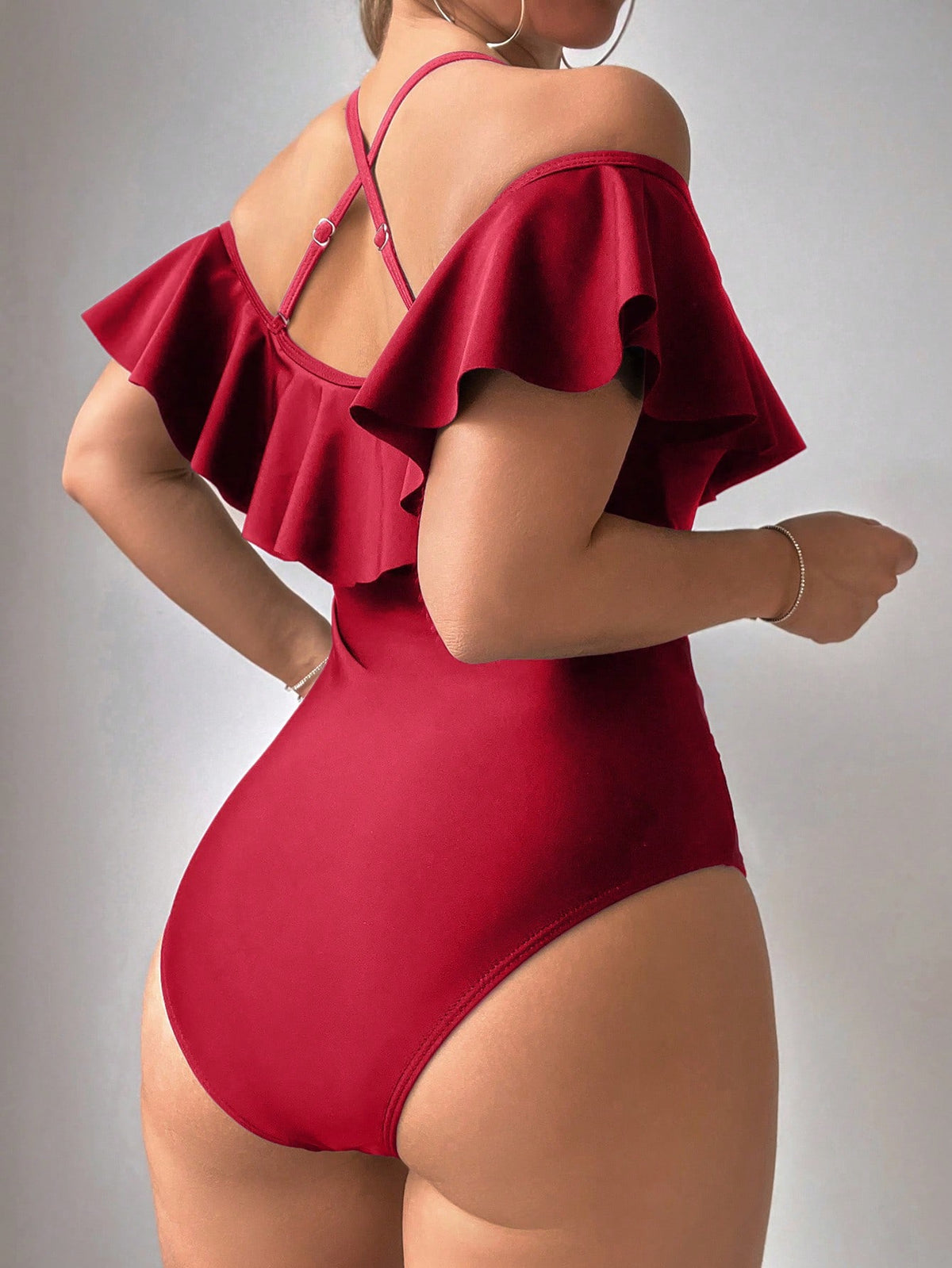 Swim 1pc Women's Ruffled Cold-Shoulder Halter One-Piece Swimsuit Red Swimsuit Summer
