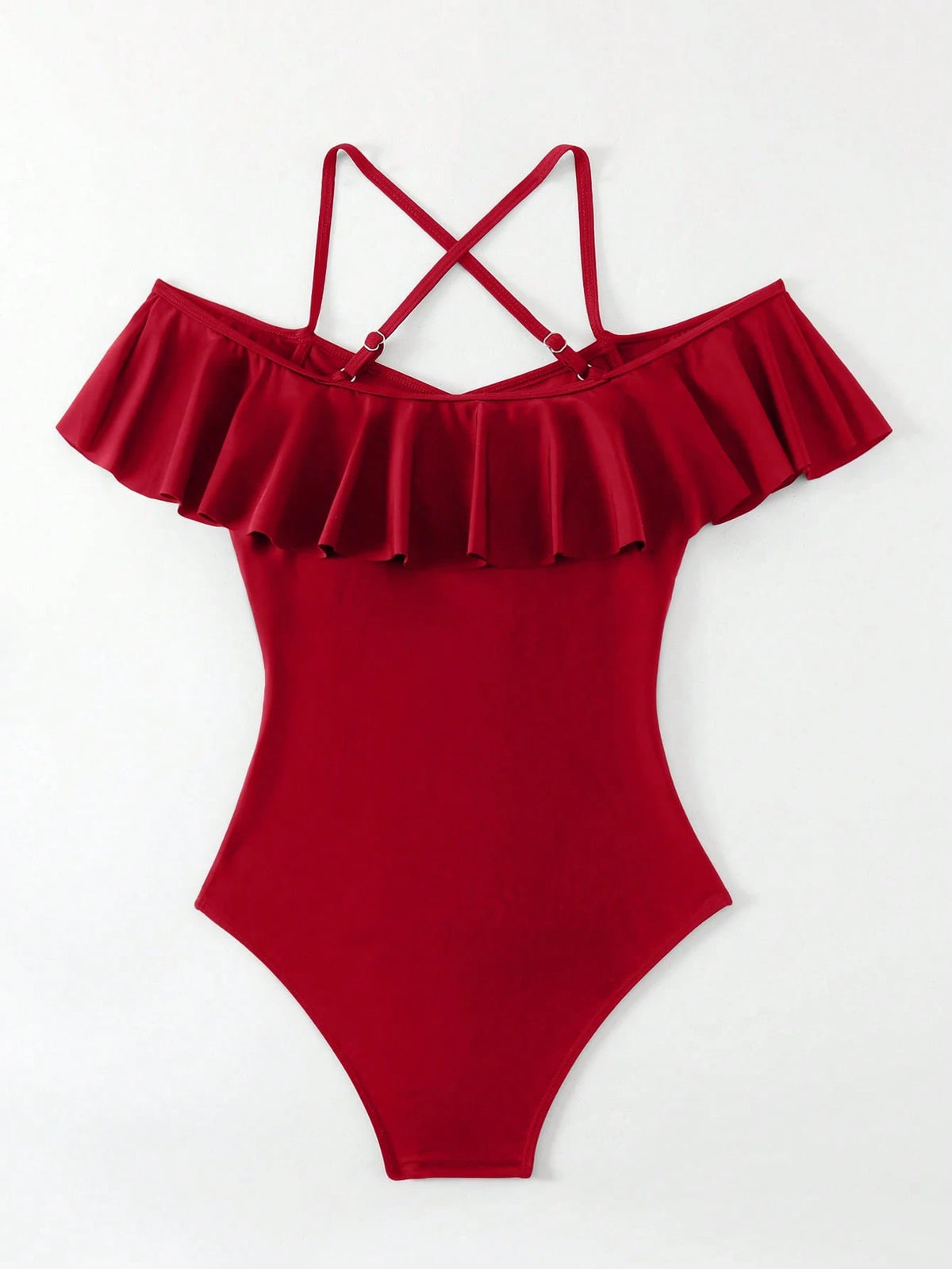 Swim 1pc Women's Ruffled Cold-Shoulder Halter One-Piece Swimsuit Red Swimsuit Summer