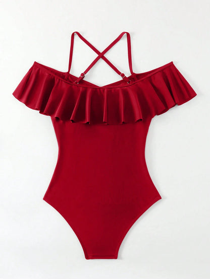 Swim 1pc Women's Ruffled Cold-Shoulder Halter One-Piece Swimsuit Red Swimsuit Summer