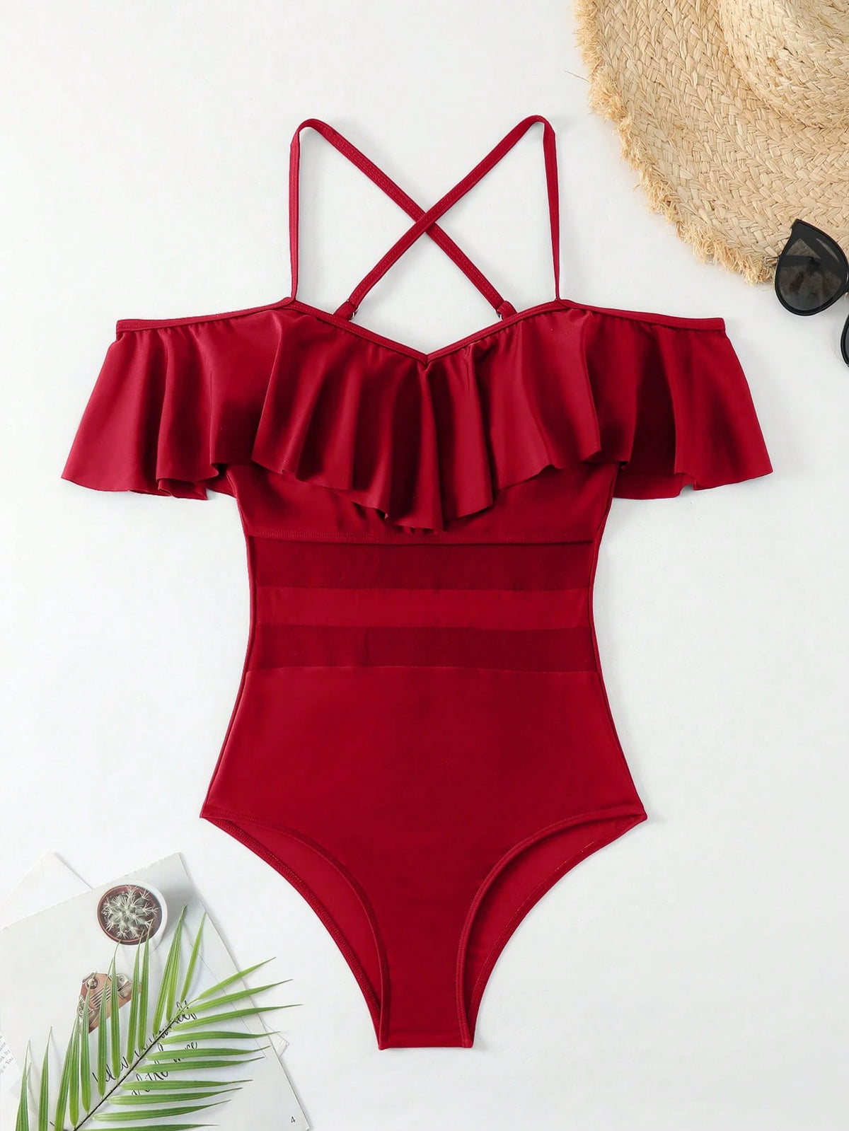 Swim 1pc Women's Ruffled Cold-Shoulder Halter One-Piece Swimsuit Red Swimsuit Summer