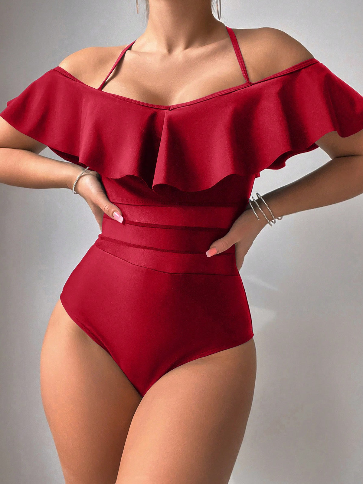 Swim 1pc Women's Ruffled Cold-Shoulder Halter One-Piece Swimsuit Red Swimsuit Summer