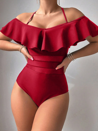 Swim 1pc Women's Ruffled Cold-Shoulder Halter One-Piece Swimsuit Red Swimsuit Summer
