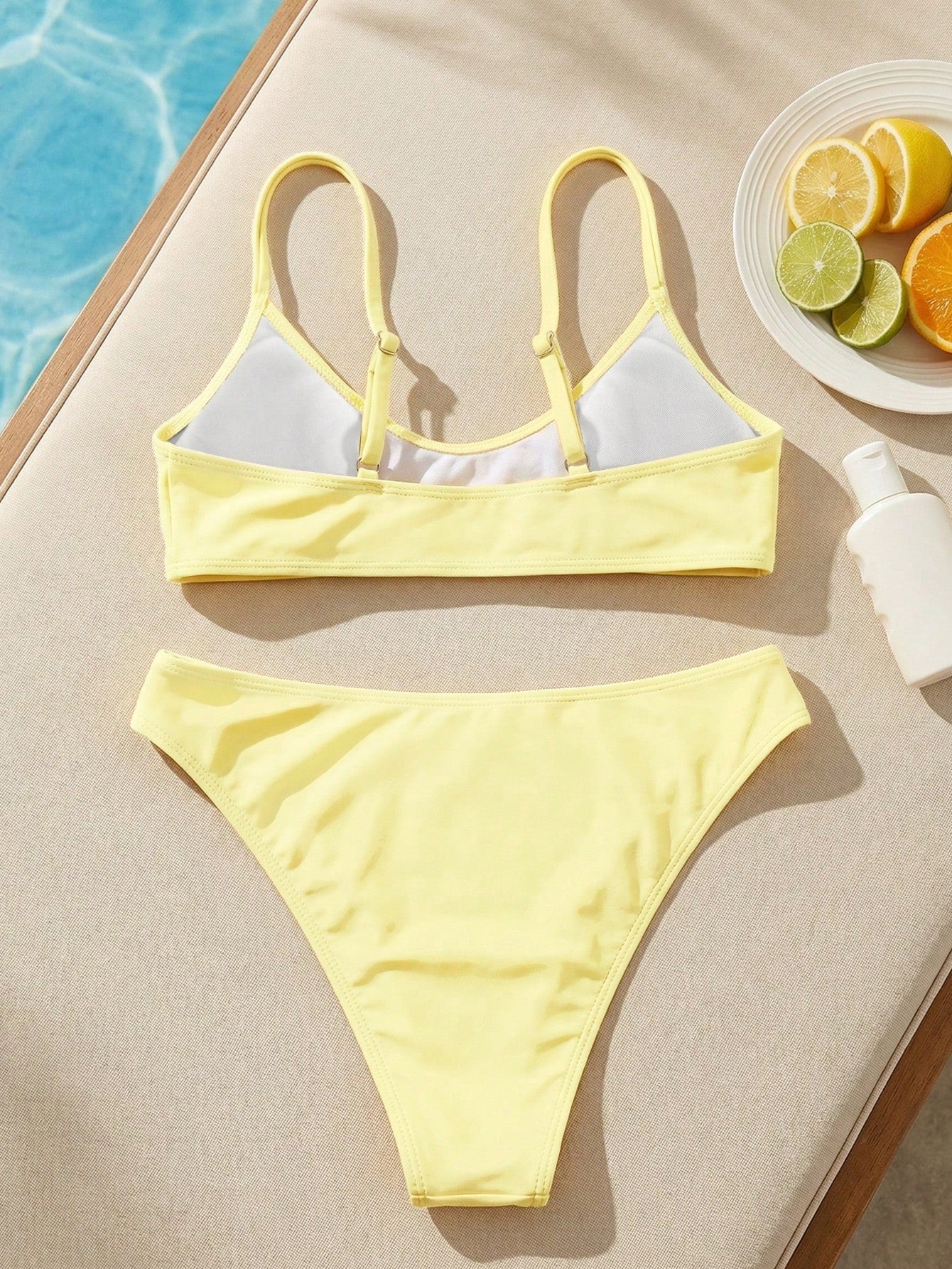 Swim 2pcs/Set Women's Fashionable & Cute Vacation Sexy Beach/Pool/Party Solid Color Adjustable Spaghetti Strap Micro Bikini Top And Bottoms Swimwear Set