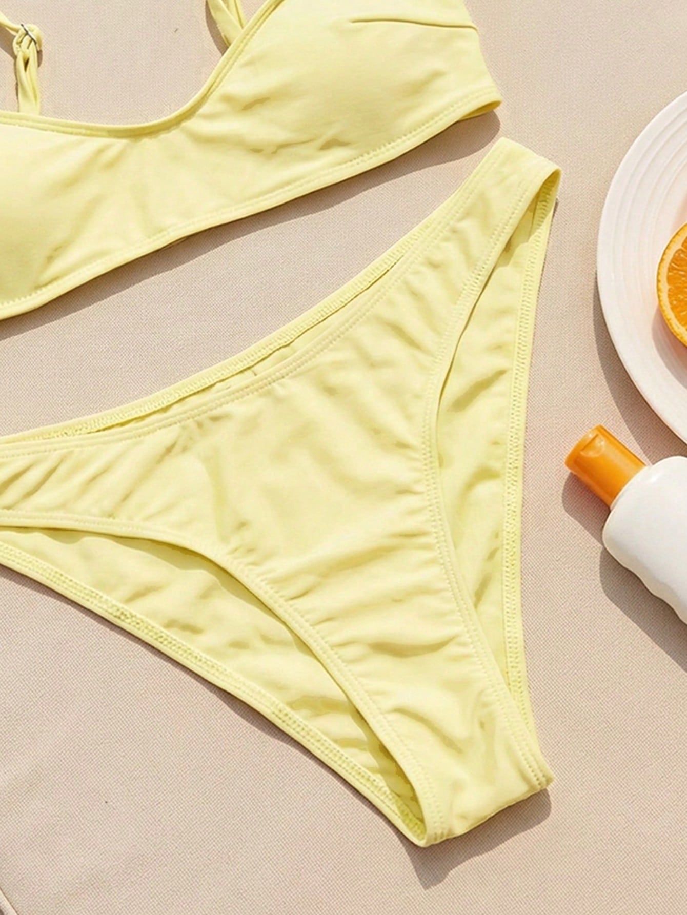 Swim 2pcs/Set Women's Fashionable & Cute Vacation Sexy Beach/Pool/Party Solid Color Adjustable Spaghetti Strap Micro Bikini Top And Bottoms Swimwear Set