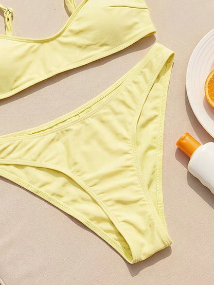 Swim 2pcs/Set Women's Fashionable & Cute Vacation Sexy Beach/Pool/Party Solid Color Adjustable Spaghetti Strap Micro Bikini Top And Bottoms Swimwear Set