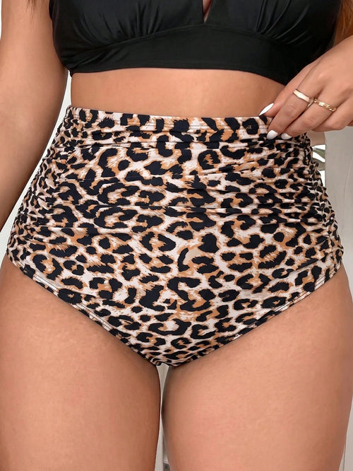 Swim Basics Plus Size Leopard Print Swimsuit Bottoms, Ultra High Waist, Ruched Tummy Control