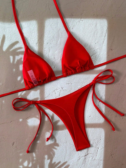 Swim Basics Women's Solid Color Halter Tie-Side Sexy Open Back Thong Bikini Set For Summer Beach Vacation