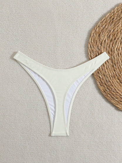 Swim Basics Women's White Solid Color Bikini Bottom,Summer Casual Holiday Pool Party Holiday Cream Plain Thong Micro Bathing Suit Full Coverage Tummy Control