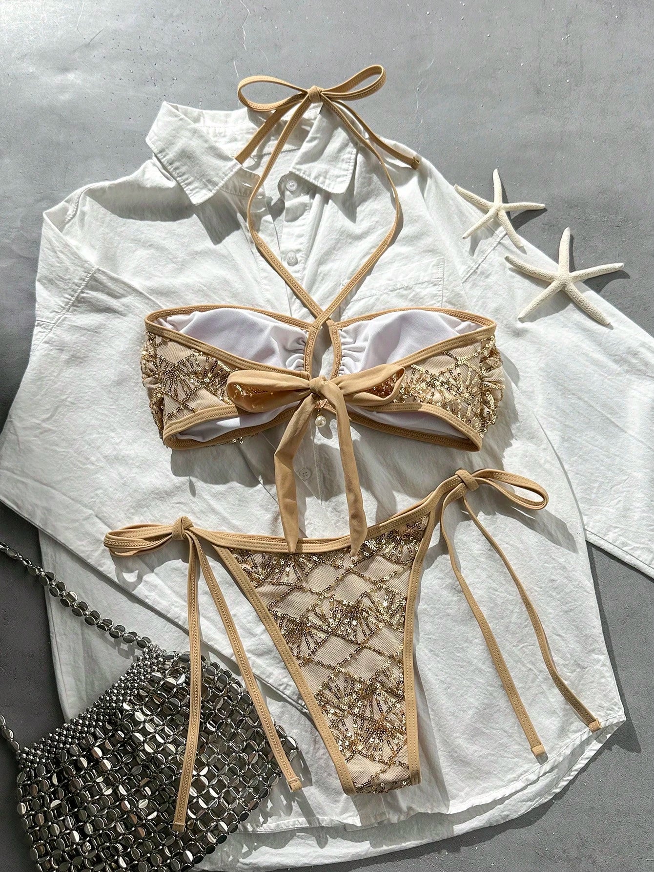 Swim Bonvoyette-D 2-Piece Bikini Set, Spring/Summer Beach Vacation, Textured Fabric Halter Bandeau Top And Side Tie Bikini Bottoms, Sexy