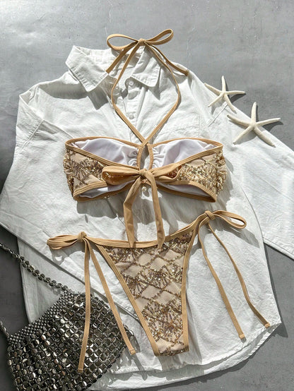 Swim Bonvoyette-D 2-Piece Bikini Set, Spring/Summer Beach Vacation, Textured Fabric Halter Bandeau Top And Side Tie Bikini Bottoms, Sexy