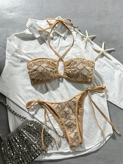 Swim Bonvoyette-D 2-Piece Bikini Set, Spring/Summer Beach Vacation, Textured Fabric Halter Bandeau Top And Side Tie Bikini Bottoms, Sexy