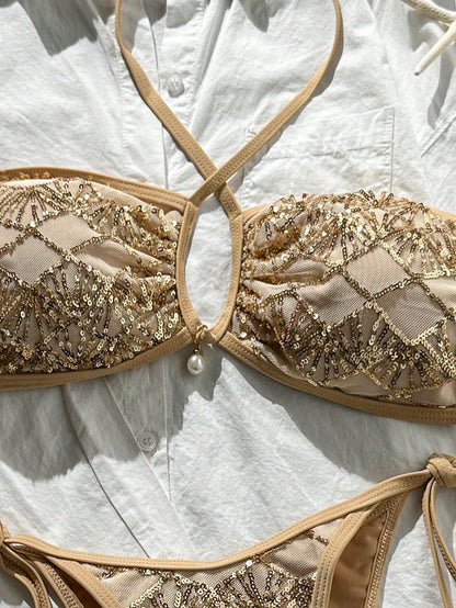 Swim Bonvoyette-D 2-Piece Bikini Set, Spring/Summer Beach Vacation, Textured Fabric Halter Bandeau Top And Side Tie Bikini Bottoms, Sexy