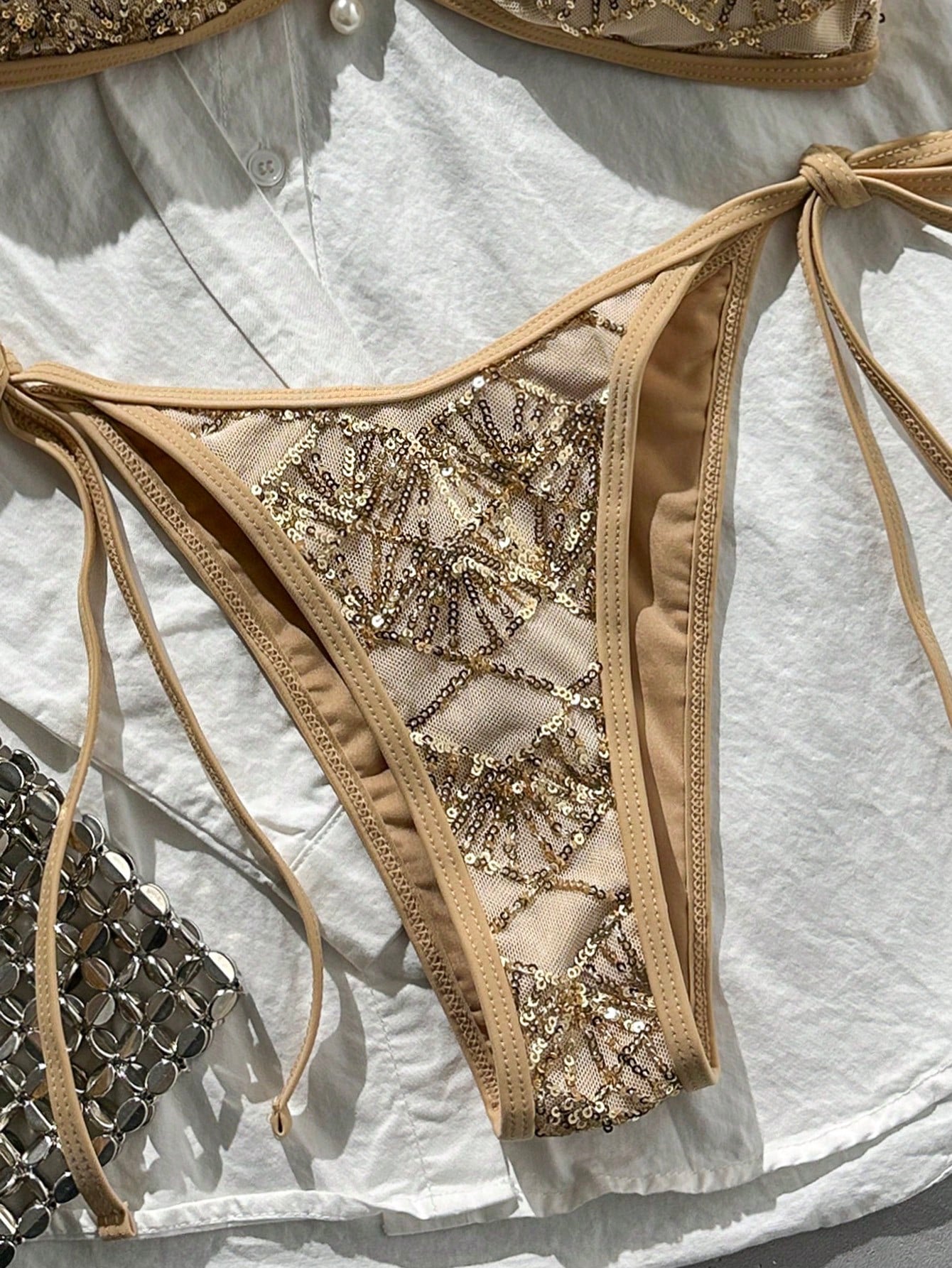 Swim Bonvoyette-D 2-Piece Bikini Set, Spring/Summer Beach Vacation, Textured Fabric Halter Bandeau Top And Side Tie Bikini Bottoms, Sexy