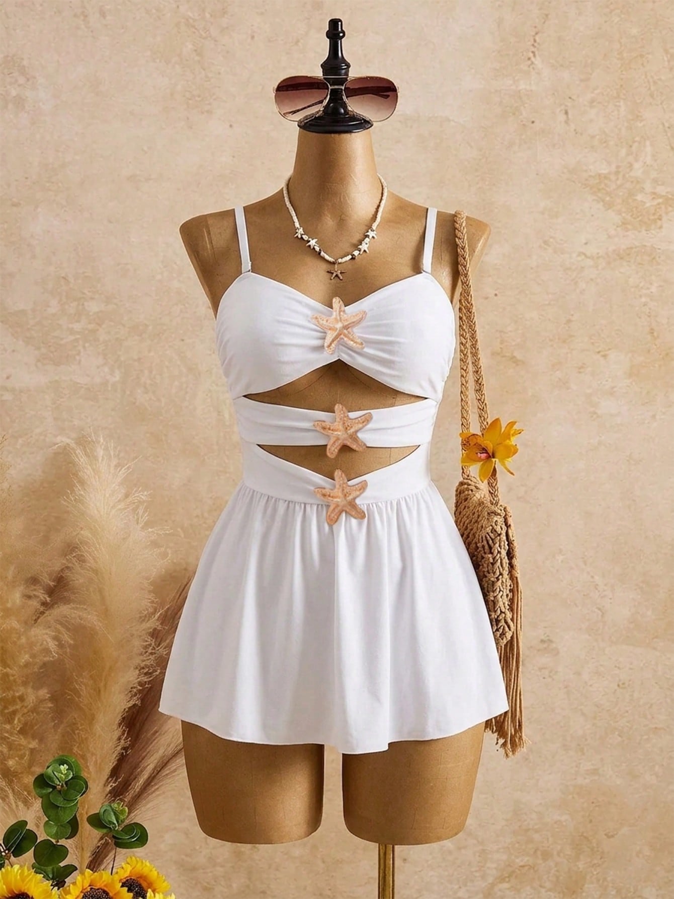 Swim Chiccia Plus Size White Starfish Metal Decor Hollow Back Ruffle Hem Swimwear Set,Summer Silky Beach Holiday Elegant Vacation Mini Swimsuit For Women,Holiday