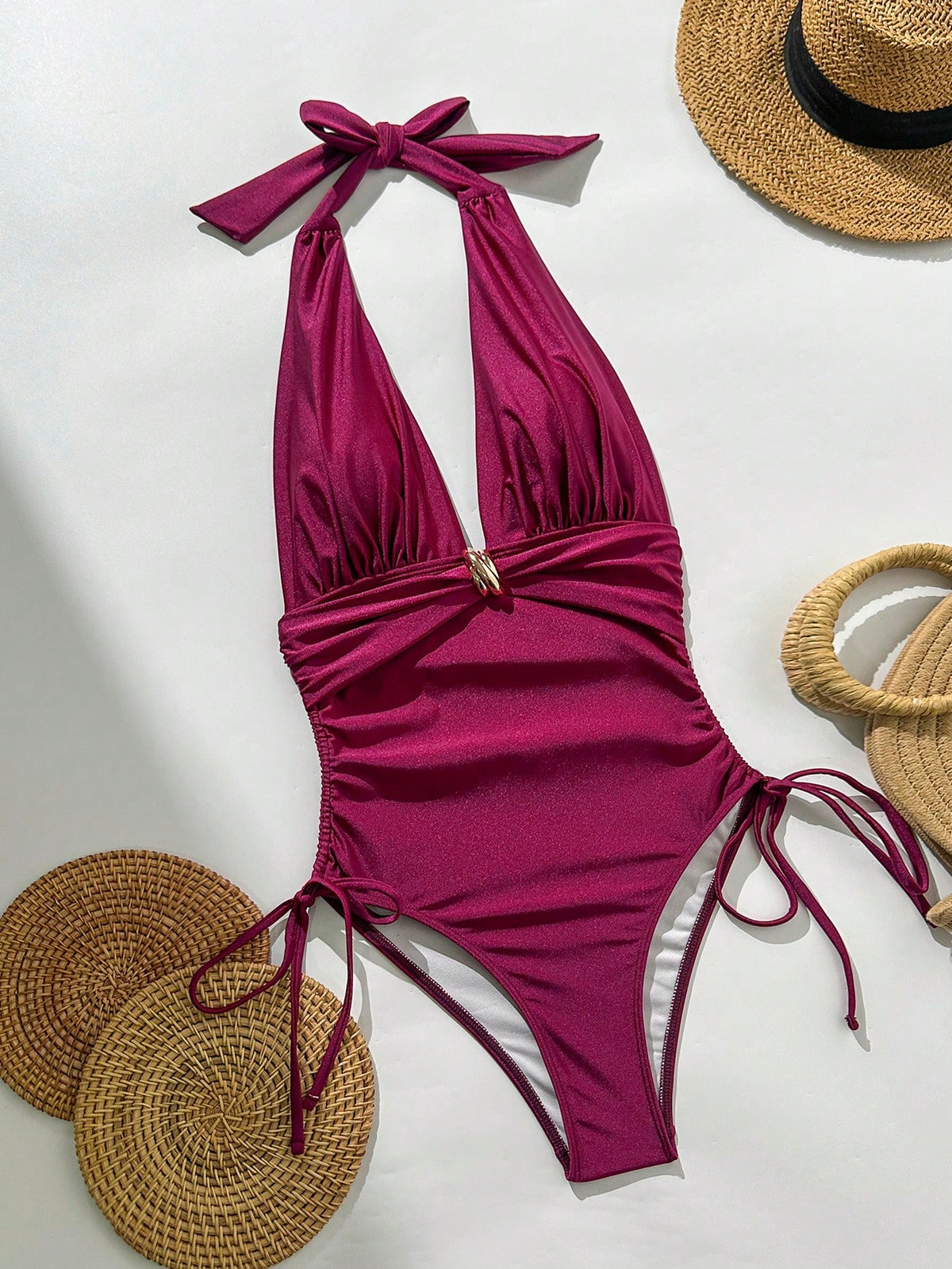 Swim Chiccia Women's Burgundy Summer Elegant Beach Vacation Holiday Holiday One-Piece Swimsuit,Shimmery Fabric Metal Decor Deep V-Neck Drawstring Sides Dress
