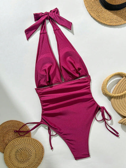 Swim Chiccia Women's Burgundy Summer Elegant Beach Vacation Holiday Holiday One-Piece Swimsuit,Shimmery Fabric Metal Decor Deep V-Neck Drawstring Sides Dress